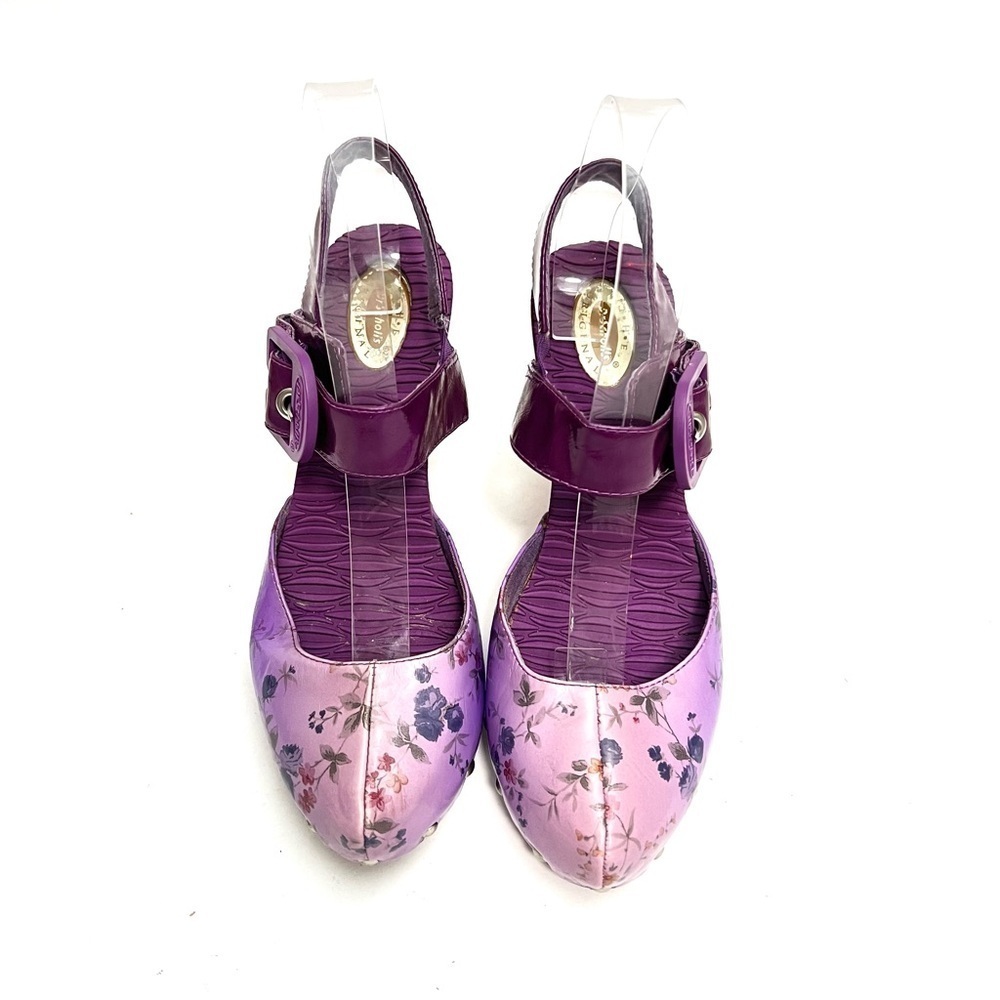 Vintage Y2K purple floral leather strappy heeled wooden clogs - Picture 3 of 8